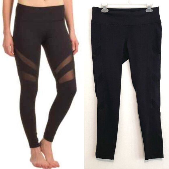 YOGALICIOUS Black w Chevron Stripe Mesh Cropped Crop Ankle Active Leggings Large - Picture 1 of 11